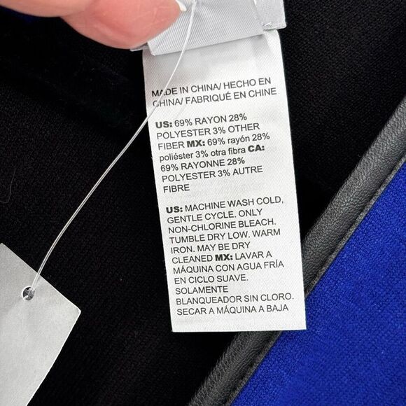 Chico’s Faux Leather Trim Sweater Ruana Blue Seafaring Blue Size S/M - Picture 11 of 11